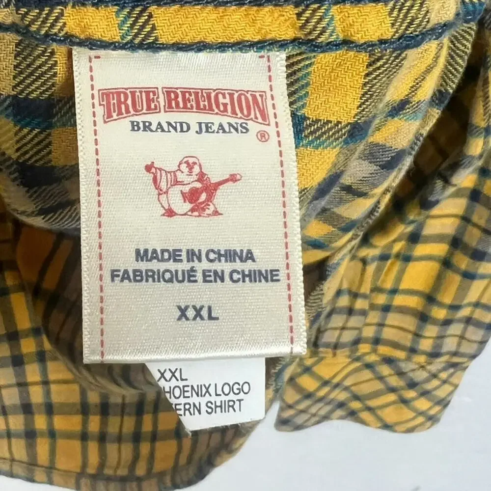 True Religion Shirt Men's Size 2XL Yellow Plaid LongSleeve Pearl Snap Flannel